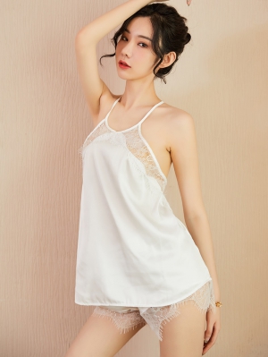 Bộ đồ ngủ phi lụa phối ren DN587-trắng