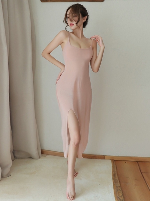 Váy ngủ ren lưới xuyên thấu dáng dài sẻ đùi gợi cảm DN649-nude